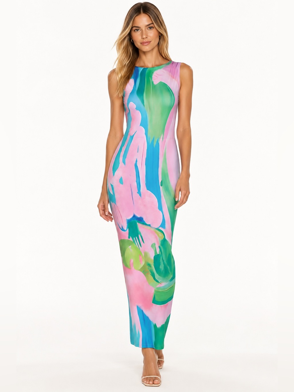Commense Sleeveless Maxi Dress in Pink, Green & Teal